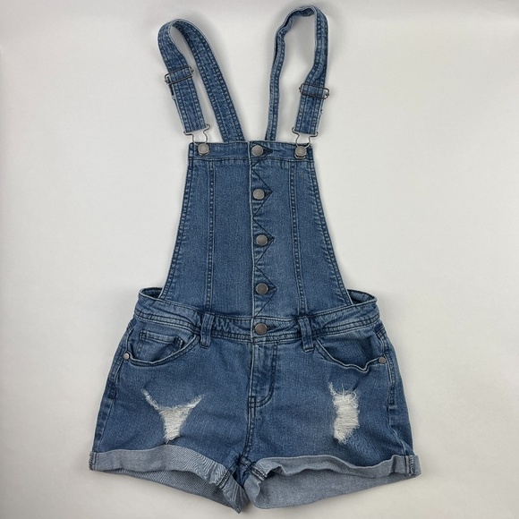 Tinseltown Jeans Overall Romper Shorts Girls Medium Blue Denim Distressed - Picture 1 of 9